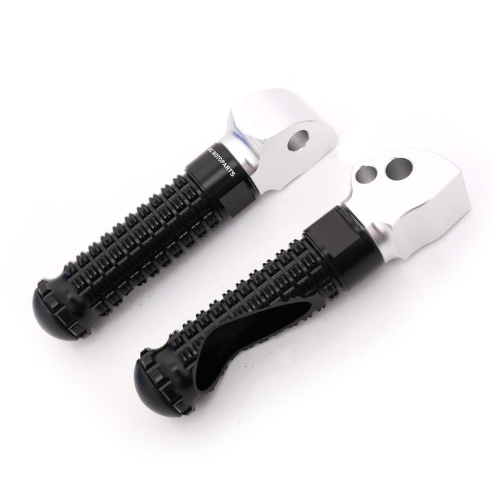 Rear black metal foot pegs for Honda CBR600F4, CBR500, Blackbird, and Fireblade motorcycles by MC Motoparts.
