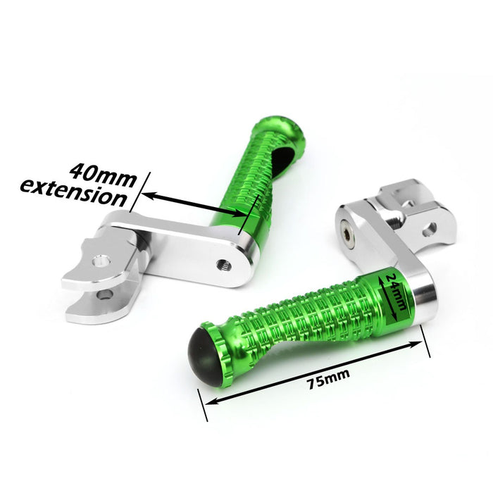Rear 40mm extension foot pegs by MC Motoparts for Kawasaki ZX-6R ZX-9R Ninja 650 motorcycle, shown with detailed mounting hardware.