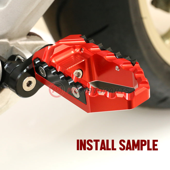 Rear 25mm extension adjustable touring wide foot pegs for MV Agusta Brutale 675 800 by MC Motoparts, black metal with textured surface.