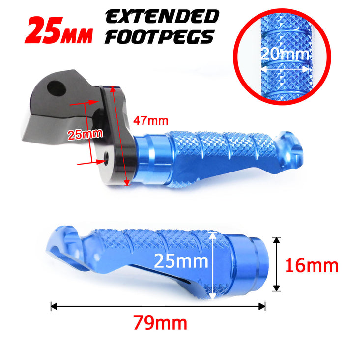 Rear 25mm extension foot pegs for Suzuki GSX-R 600 750 1000 by MC Motoparts, shown installed on motorcycle footrest.