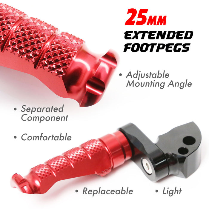 Rear 25mm extension foot pegs for Suzuki GSX-R 600 750 1000, by MC Motoparts, shown in detailed close-up image.
