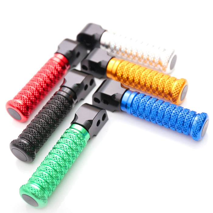 Rear standard foot pegs for Kawasaki ZX-6R, ZX-9R, Ninja 650 motorcycle by MC Motoparts, black pole style foot pegs for enhanced grip.