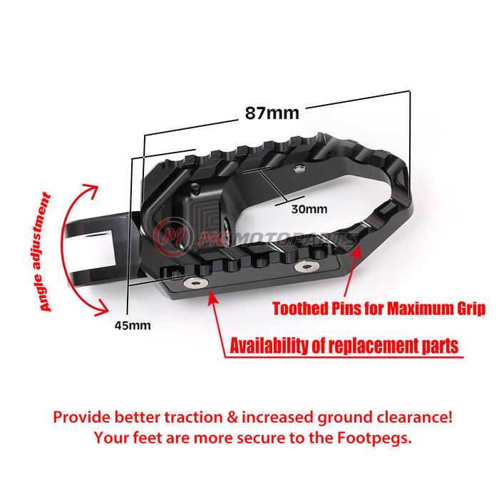 Rear MC Motoparts touring wide foot pegs for Suzuki SV650 and SV1000 motorcycles, standard black foot pegs for comfort and style.