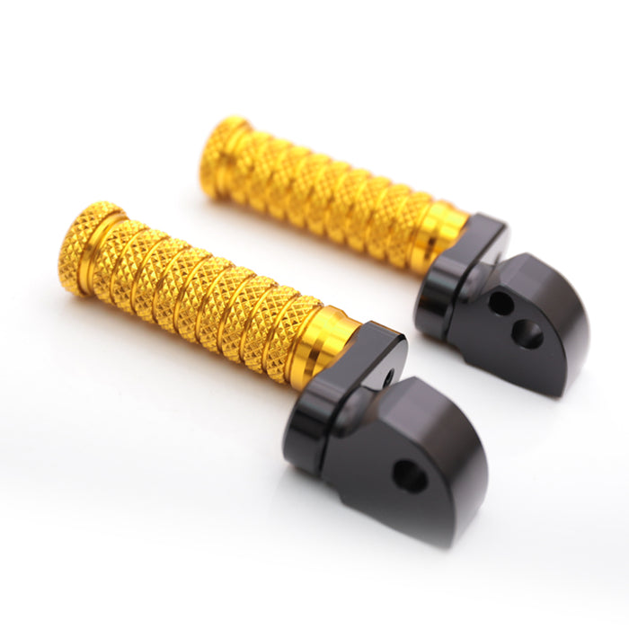 Black 25mm extension rear foot pegs for Yamaha R6, R3, R1, R25 by MC Motoparts, shown with mounting hardware.