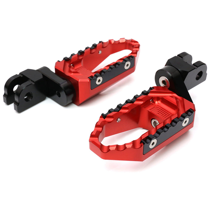 Rear 25mm extension touring wide foot pegs for Yamaha YZF R6 R3 R1 R25 by MC Motoparts, black metal with textured surface.