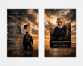 Ride Home funeral program front and back — dramatic golden sunset sky, angel blessing a kneeling biker back page, full-bleed portrait cover with ornate black nameplate, gold script and serif typography