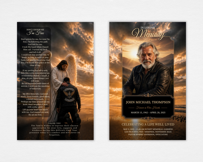Ride Home funeral program front and back — dramatic golden sunset sky, angel blessing a kneeling biker back page, full-bleed portrait cover with ornate black nameplate, gold script and serif typography