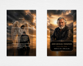 Ride Home memorial prayer card — dramatic stormy golden sunset with angel blessing a kneeling biker and 23rd Psalm on front; full-bleed portrait photo with ornate black nameplate, gold script "Forever in Our Hearts," bold name, and dates on back — front and back