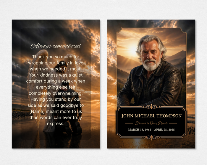 Ride Home memorial thank you card — dramatic stormy golden sunset with faint angel silhouette and "Always Remembered" editable thank you message on front; full-bleed portrait photo with ornate black nameplate, gold script "Forever in Our Hearts," bold name, and dates on back — front and back