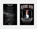 Ride On Brother funeral program cover — black background, chrome winged engine emblem, silver and red RIDE ON typography, rectangular portrait frame, open highway back page