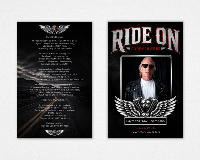 Ride On Brother funeral program cover — black background, chrome winged engine emblem, silver and red RIDE ON typography, rectangular portrait frame, open highway back page