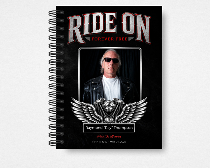 Ride On Brother biker motorcycle funeral guest book template front cover — Canva editable