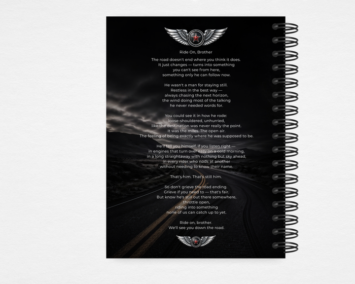 Ride On Brother biker motorcycle funeral guest book template back cover — Canva editable