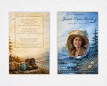 Rustic nature funeral program template — front cover with mountain river landscape, oval photo placeholder, and name; back page with poem and nature scene