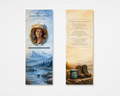 Rustic Nature Memorial Bookmark front and back — watercolor mountain river landscape with oval photo frame on front, warm parchment poem panel with hiking boots and camp mug on back, Canva editable