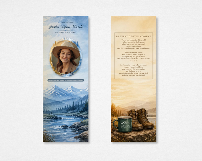 Rustic Nature Memorial Bookmark front and back — watercolor mountain river landscape with oval photo frame on front, warm parchment poem panel with hiking boots and camp mug on back, Canva editable