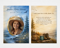 Rustic Nature memorial thank you card — watercolor mountain lake scene with oval gold-framed portrait placeholder, bold navy name and dates, italic tagline on front; warm golden wilderness scene with hiking boots, backpack, compass, camp mug, and editable thank you message on back — front and back
