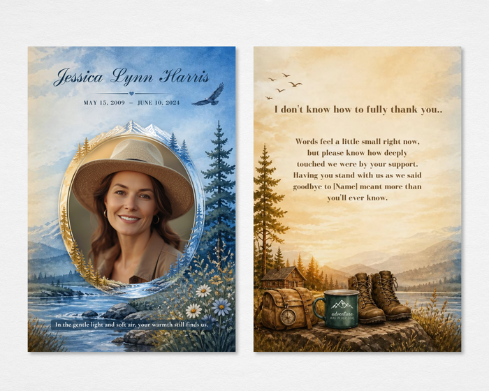 Rustic Nature memorial thank you card — watercolor mountain lake scene with oval gold-framed portrait placeholder, bold navy name and dates, italic tagline on front; warm golden wilderness scene with hiking boots, backpack, compass, camp mug, and editable thank you message on back — front and back