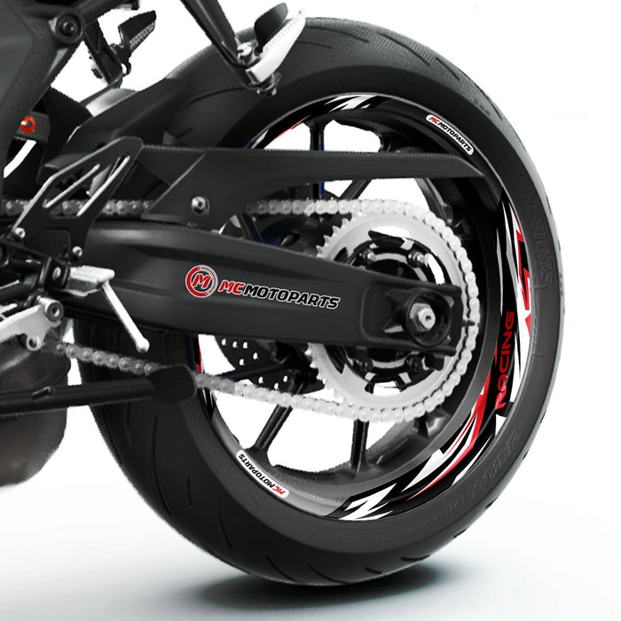 Honda RC125 VFR800F 17-inch wheel rim stickers by StickerBao, front and rear removable 2-piece decal set installed on wheels.