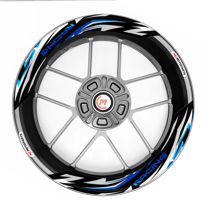 Honda RC125 VFR800F 17-inch wheel stickers and rim decals by StickerBao, showing removable 2-piece rim stickers on front and rear wheels.