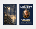 Safe Harbor nautical lighthouse funeral program template — Canva editable — standard size front and back showing dramatic lighthouse, golden light beam, anchor, and original poem Safe Harbor at Last
