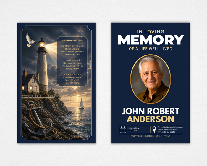 Safe Harbor nautical lighthouse funeral program template — Canva editable — standard size front and back showing dramatic lighthouse, golden light beam, anchor, and original poem Safe Harbor at Last