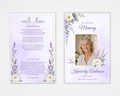 Soft Lavender & Peony memorial funeral program template, front and back — Standard size, soft lavender watercolor background with dusty purple lavender sprigs, white peonies, sage eucalyptus, and delicate gold frame border