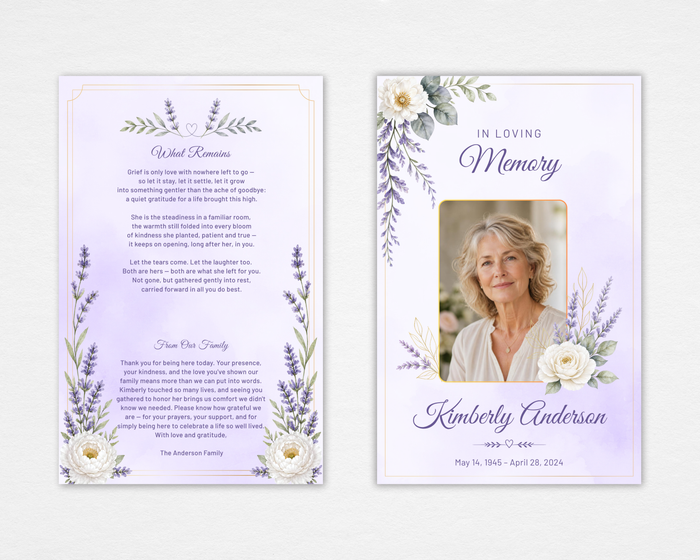 Soft Lavender & Peony memorial funeral program template, front and back — Standard size, soft lavender watercolor background with dusty purple lavender sprigs, white peonies, sage eucalyptus, and delicate gold frame border