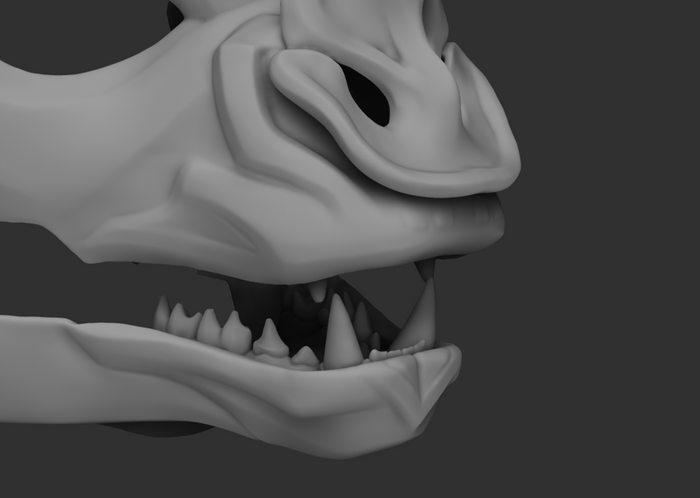 Gray 3D model of a bat's head with open mouth showing teeth on a dark background