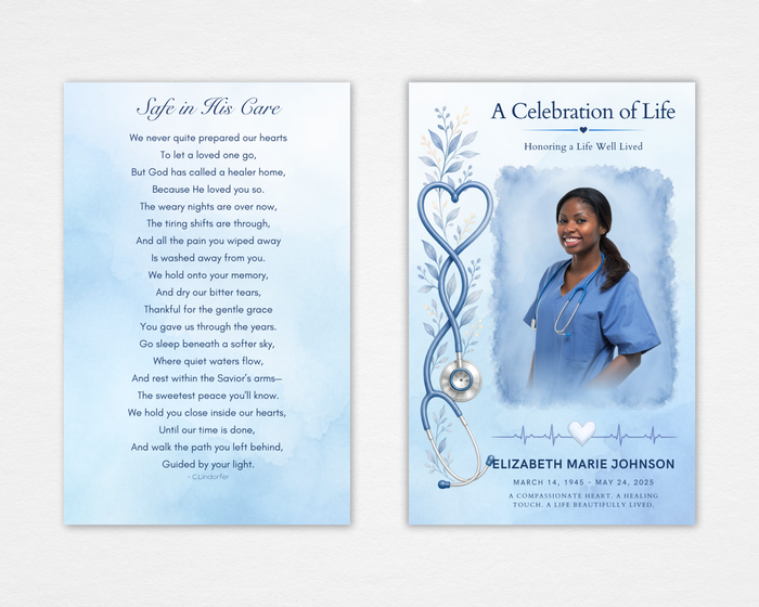 Steady Hands funeral program front and back — soft blue watercolor background, stethoscope heart floral accent, rectangular portrait frame, heartbeat line divider, script and sans-serif typography
