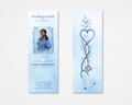 Steady Hands memorial bookmark template — soft blue watercolor with nurse photo placeholder on front and heart stethoscope botanical design on back, editable in Canva