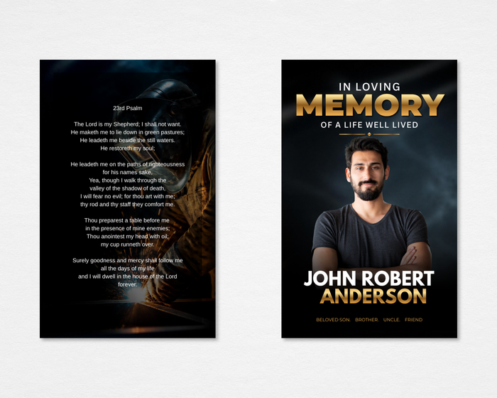 Steel & Gold memorial prayer card template — front shows dark industrial welder design with bold gold "In Loving Memory" typography and editable name; back shows 23rd Psalm on welder background, editable in Canva