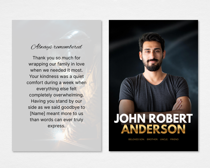 Steel & Gold memorial thank you card template — dark industrial design with bold gold typography on front and editable "Always Remembered" thank you message on back, coordinates with Steel & Gold funeral program suite, editable in Canva