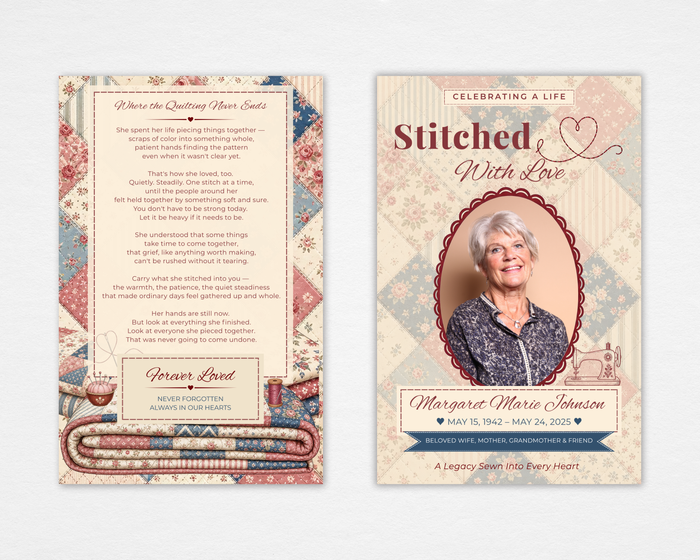 Stitched With Love funeral program cover — cream patchwork quilt background, scalloped oval portrait frame, vintage sewing machine accent, dusty rose and blue floral fabrics, script typography