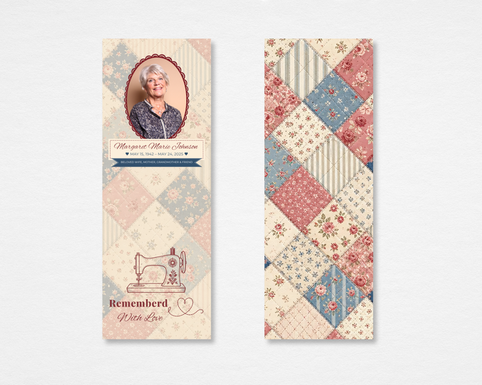 Stitched With Love quilting memorial bookmark template — Canva editable