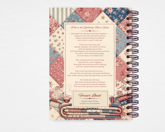 Stitched With Love memorial guest book template back cover — Canva editable