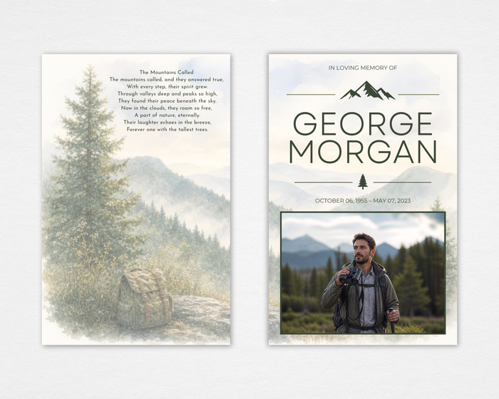 Summit & Sky watercolor mountain funeral program — misty pine forest cover with bold modern typography and mountain peak icon, poem "The Mountains Called" on back — Standard size