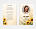 Sunflower Fields funeral program front and back cover — cream background with yellow sunflowers and greenery, circular photo placeholder, In Loving Memory text — Standard size