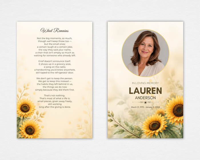 Sunflower Fields funeral program front and back cover — cream background with yellow sunflowers and greenery, circular photo placeholder, In Loving Memory text — Standard size