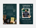 Teacher's Legacy funeral program cover — dark teal chalkboard background, polaroid portrait frame with tape, chalk doodles and lightbulbs, bold handwritten typography