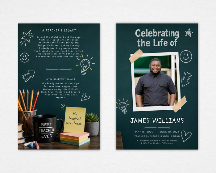 Teacher's Legacy funeral program cover — dark teal chalkboard background, polaroid portrait frame with tape, chalk doodles and lightbulbs, bold handwritten typography