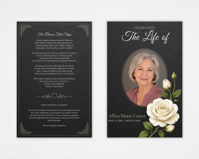 The Bloom That Stays white rose chalkboard funeral program template — standard size, front and back cover, Canva editable