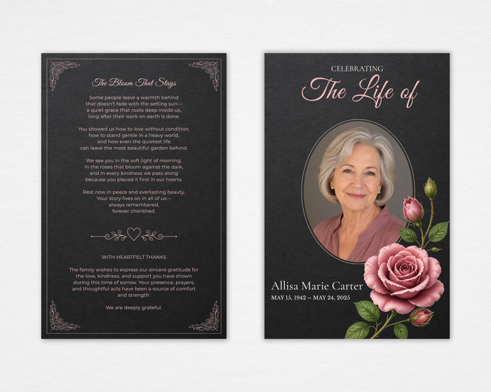 The Bloom That Stays funeral program cover — dark charcoal background, pink rose botanical, oval portrait photo frame, elegant script typography
