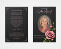 The Bloom That Stays funeral program cover — dark charcoal background, pink rose botanical, oval portrait photo frame, elegant script typography