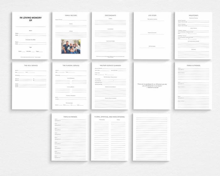 Memorial guest book interior pages — 13-page spread including In Loving Memory, Family Record, Descendants, Life Story, Milestones, Vigil and Funeral Service, Military Service Summary, Family and Friends, and Floral Offering pages — Standard size