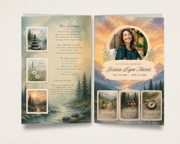 Watercolor Wilderness funeral program open spread — mountain lake sunset cover with circular portrait frame and wildflower accents, illustrated nature memory cards and poem on back, script and serif typography