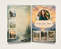 Watercolor Wilderness funeral program open spread — mountain lake sunset cover with circular portrait frame and wildflower accents, illustrated nature memory cards and poem on back, script and serif typography