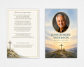 Where the Light Begins Christian funeral program template — standard size flat lay showing front cover with watercolor sunrise landscape, hilltop cross, oval portrait photo frame, navy serif name and dates, and italic tribute line; back cover with original poem Where the Light Begins and heartfelt thank you section