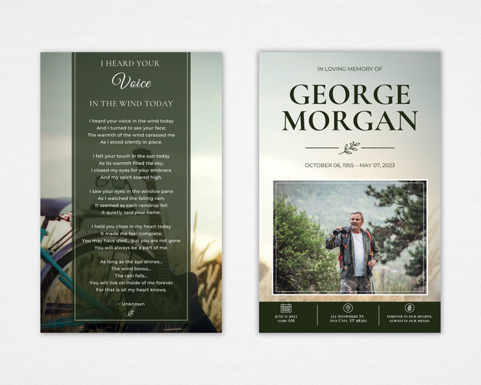 Where the Wind Goes funeral program front and back cover — misty outdoor scene with teal bicycle, dark green poem panel with "I Heard Your Voice in the Wind Today," photo placeholder and service details footer — Standard size