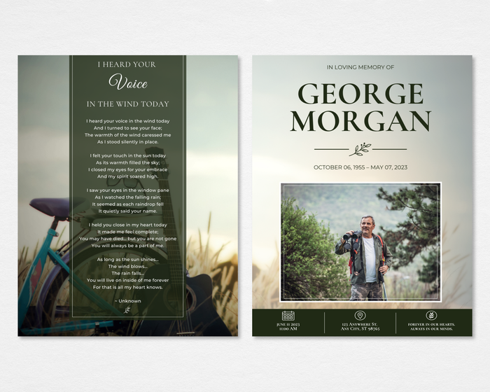Where the Wind Goes funeral program front and back cover — misty outdoor scene with teal bicycle, dark green poem panel with "I Heard Your Voice in the Wind Today," photo placeholder and service details footer — Tabloid size